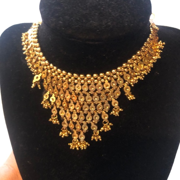 Vintage gold heavy metal mesh choker/ bib necklace with tie-ups- preloved - Picture 1 of 9